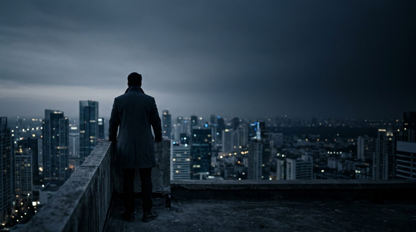 Figure from behind on a rooftop, skyline at blue hour